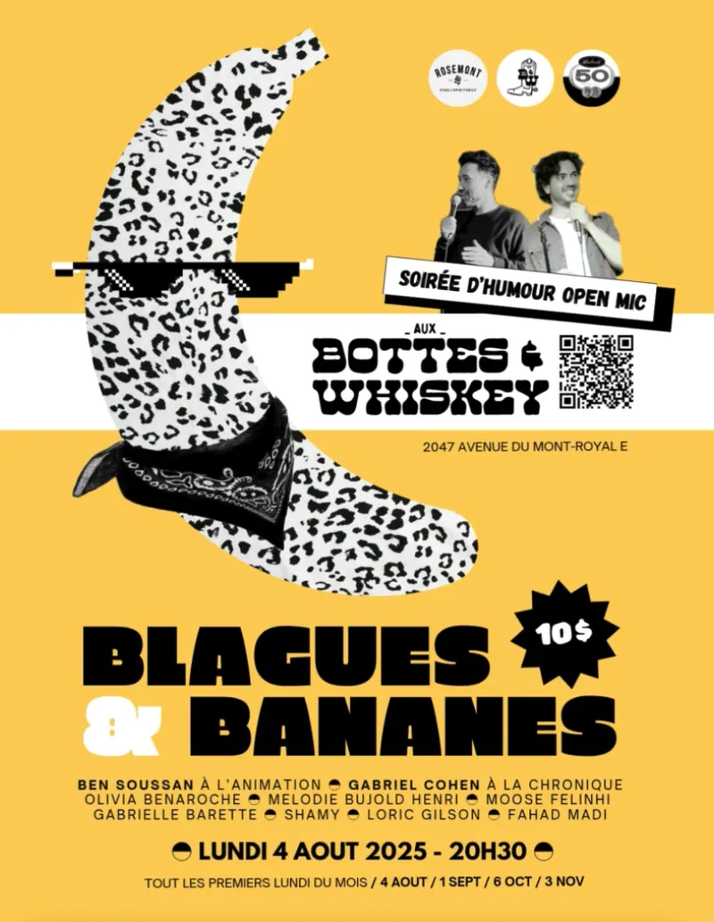 Blagues & Bananes — Tout les premiers lundis du mois at Bottes & Whiskey - Mont-Royal