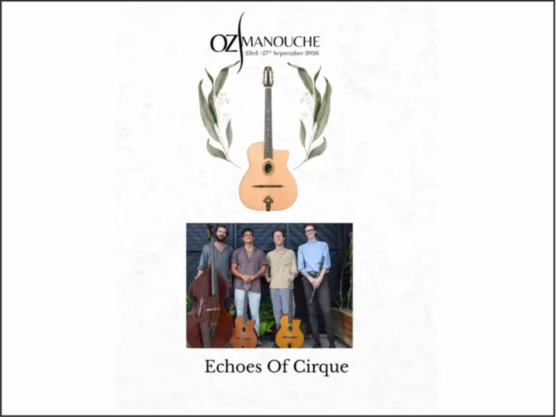 OzManouche 2026 presents Echoes of Cirque - Gypsy Jazz. Doors Open: 6pm-11pm. Music: Inside 7pm-10pm, On the at Brisbane Jazz Club