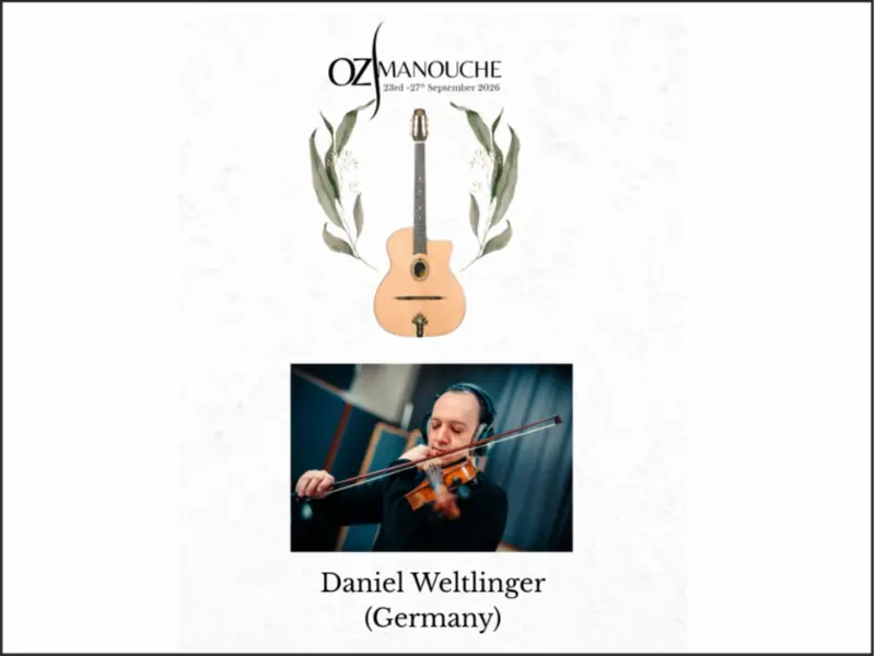 OzManouche 2026 presents Daniel Weltlinger (Germany) - Gypsy Jazz. Doors Open: 6pm-11pm. Music: Inside 7pm-10pm, On the à Brisbane Jazz Club