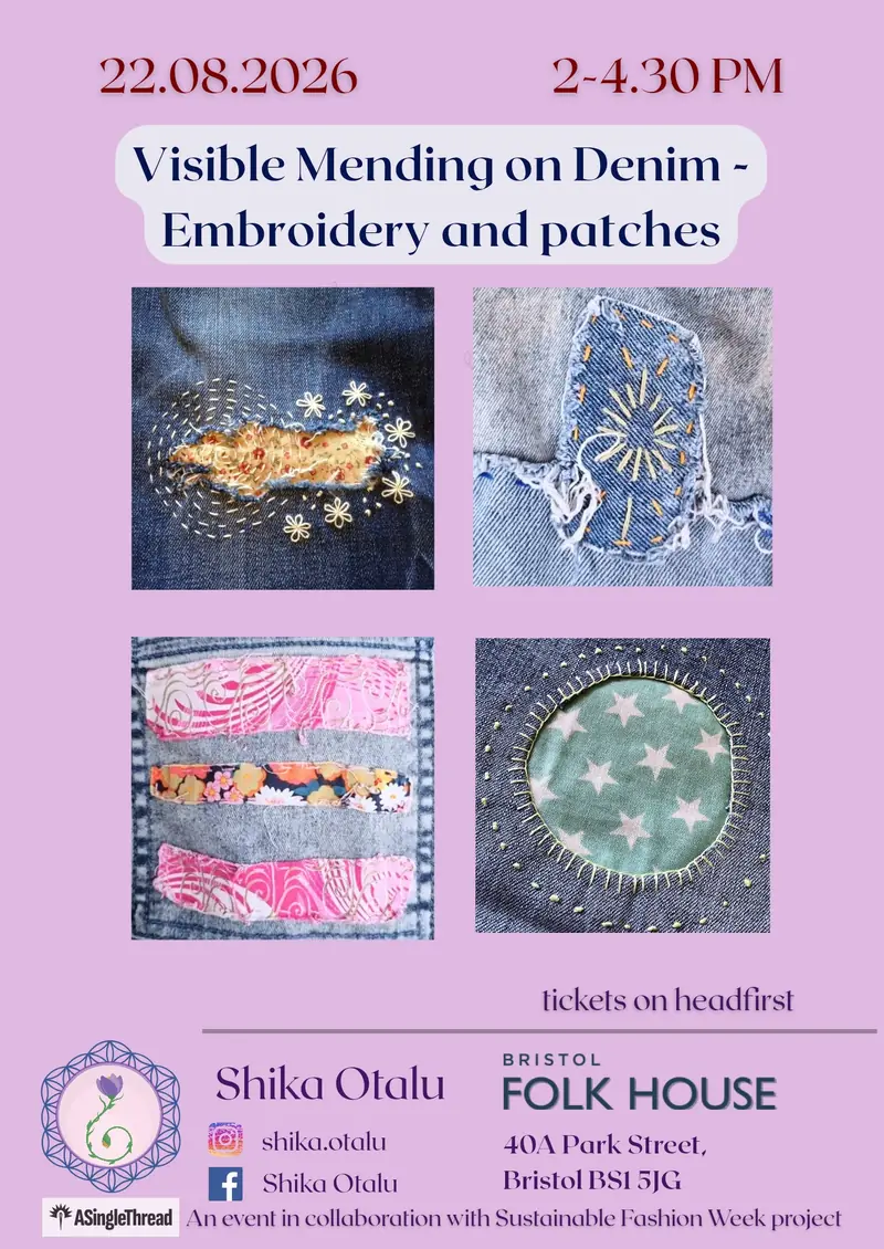 Visible Mending on Denim - Embroidery and patches at Bristol Folk House
