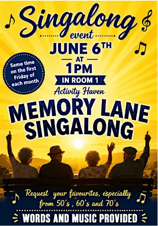 MEMORY LANE SING-ALONG at Activity Haven Senior Centre, 180 Barnardo Ave, Peterborough, ON, Canada