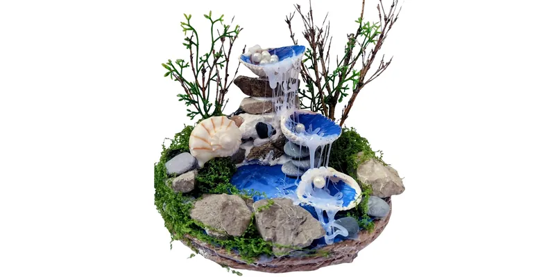 Mixed Media, Nature Art, Seashell Waterfall Sculpture at Expressive Brush Art Studio