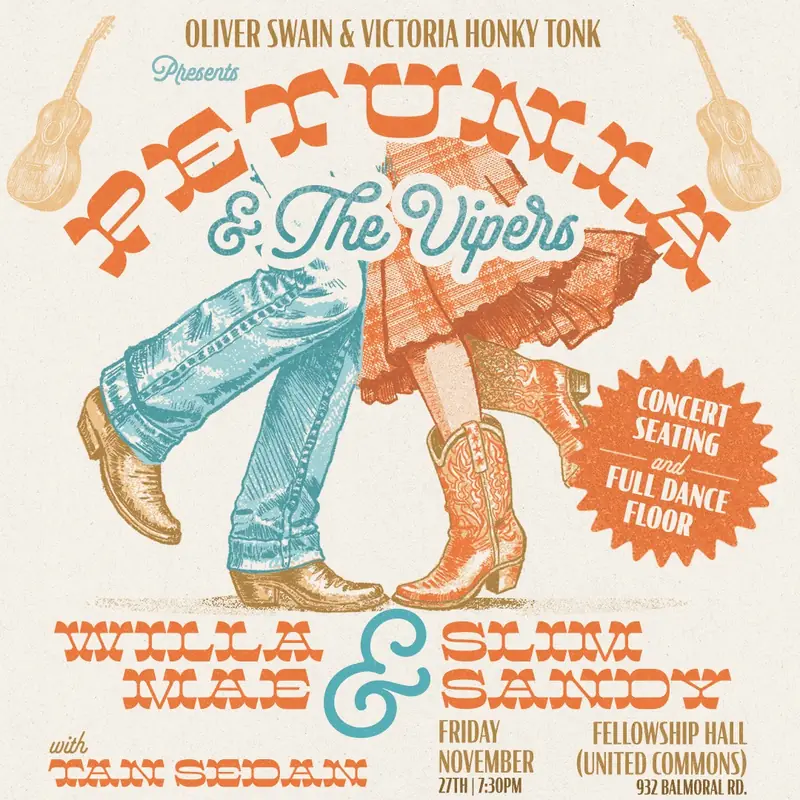 Petunia & the Vipers, Willa Mae & Slim Sandy, Tan Sedan at 932 Balmoral Road