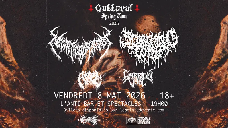 NECROTICGOREBEAST avec SCORCHING TOMB, ATOLL et CARRION VAEL at L'Anti Bar & Spectacles