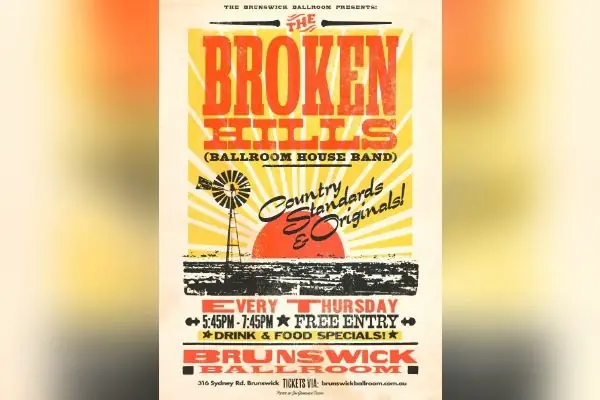 ''THE BROKEN HILLS' Brunswick Ballroom House band: Country standards & originals' at Brunswick Artists' Bar